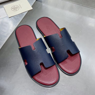 Hermes Men's Izmir Palm-Grained Leather Flat Slide Sandals Dark Blue/Burgundy 2021 43