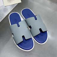Hermes Men's Izmir Palm-Grained Leather Flat Slide Sandals Light Grey/Sky Blue 2021 44