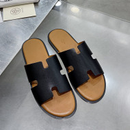 Hermes Men's Izmir Smooth Leather Flat Slide Sandals Black/Brown 2021 45