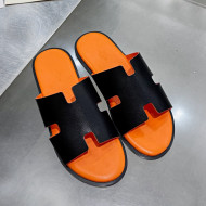 Hermes Men's Izmir Smooth Leather Flat Slide Sandals Black/Orange 2021 47