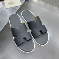 Hermes Men's Izmir Smooth Leather Flat Slide Sandals Grey 2021 49