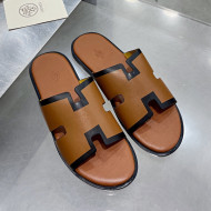 Hermes Men's Izmir Smooth Leather Flat Slide Sandals Brown/Black 2021 52