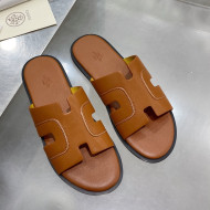 Hermes Men's Izmir Stitching Leather Flat Slide Sandals Brown 2021 55