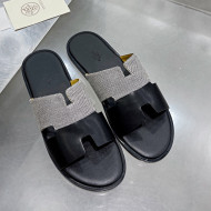 Hermes Men's Izmir Patchwork Flat Slide Sandals Black Leather/Grey Canvas 2021 58