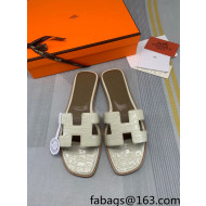 Hermes Oran Stone Embossed Leather Flat Slide Sandals White 2022 01