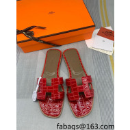 Hermes Oran Stone Embossed Leather Flat Slide Sandals Red 2022 06