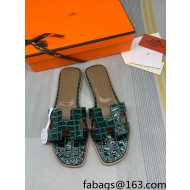 Hermes Oran Stone Embossed Leather Flat Slide Sandals Dark Green 2022 07