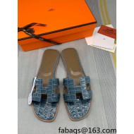 Hermes Oran Stone Embossed Leather Flat Slide Sandals Light Grey 2022 08
