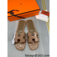 Hermes Oran Stone Embossed Leather Flat Slide Sandals Dark Apricot 2022 11