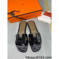 Hermes Oran Stone Embossed Leather Flat Slide Sandals Navy Blue 2022 12