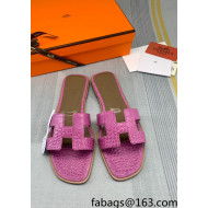Hermes Oran Crocodile Embossed Leather Flat Slide Sandals Pink 2022 01