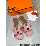 Hermes Oran Crocodile Embossed Leather Flat Slide Sandals Pink 2022 12