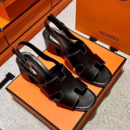 Hermes Elbe Calfskin H Medium Heel Sandal 6cm Black 2022