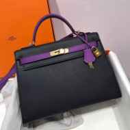 Hermes Kelly 32cm Epsom Leather Bag Black/Purple(Gold Hardware)