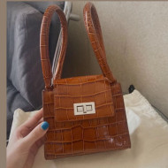 By Far Sabrina Croco Embossed Leather Top Handel Bag Brown 2020