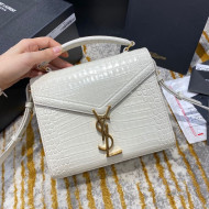 Saint Laurent CASSANDRA Mini Top Handle Bag in Crocodile Embossed Shiny Leather 602716 White 2020