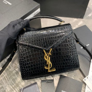 Saint Laurent CASSANDRA Mini Top Handle Bag in Crocodile Embossed Shiny Leather 602716 Black 2020