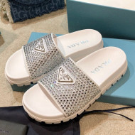 Prada Crystal Flat Slide Sandals White 2021