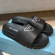 Prada Leather Flat Slide Sandals Black 2021