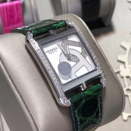 Hermes Cape Cod Crocodile Embossed Leather Crystal Square Watch Green 2019
