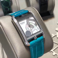 Hermes Cape Cod Crocodile Embossed Leather Crystal Square Watch Blue 2019