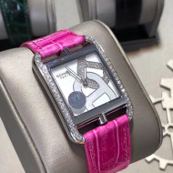 Hermes Cape Cod Crocodile Embossed Leather Crystal Square Watch Pink 2019