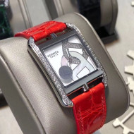 Hermes Cape Cod Crocodile Embossed Leather Crystal Square Watch Red 2019
