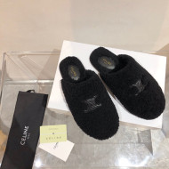 Celine Triomphe Shearling Flat Slide Sandals Black 2021