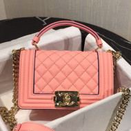 Chanel Quilted Calfskin Mini Boy Flap Top Handle Bag with Contrasting Trim Pink 2019