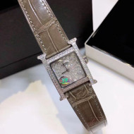 Hermes H-Our Crocodile Embossed Leather Crystal Watch 26x26mm Grey 2020
