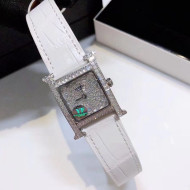 Hermes H-Our Crocodile Embossed Leather Crystal Watch 26x26mm White 2020