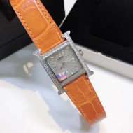 Hermes H-Our Crocodile Embossed Leather Crystal Watch 26x26mm Orange 2020