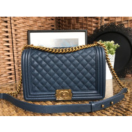 Chanel Boy Grained Calfskin Large Flap Bag 28cm Navy Blue/Aged Gold 2021