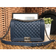 Chanel Boy Grained Calfskin Large Flap Bag 28cm Navy Blue/Aged Silver 2021