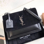 Saint Laurent Sunset Medium Shoulder Bag in Suede & Smooth Leather Black 442906 2019