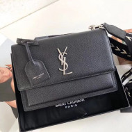 Saint Laurent Sunset Medium Fabric Shoulder Bag in Grained Leather Black 442906 2019
