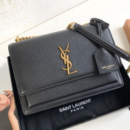 Saint Laurent Sunset Medium Shoulder Bag in Grained Leather Black/Gold 442906 2019