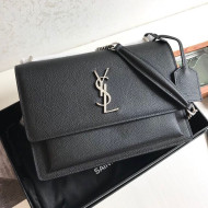 Saint Laurent Sunset Medium Shoulder Bag in Grained Leather Black/Silver 442906 2019