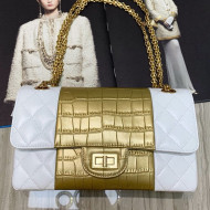 Chanel Lambskin and Crocodile Embossed Calfskin Medium 2.55 Flap Bag A37586 White/Gold 2019