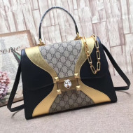 Gucci GG Supreme and Gold/Black Leather Top Handle Bag 476435 2017