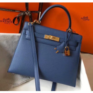 Hermes Kelly 28cm Top Handle Bag in Epsom Leather Blue 2020