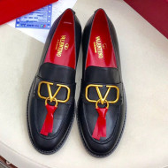 Valentino VLogo Calfskin Flat Loafers Black/Red 2019