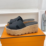 Hermes Calfskin Wedge Slide Sandals Black 2022