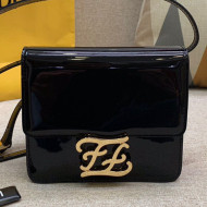 Fendi Karligraphy FF Button Flap Bag in Patent Leather Black 2019