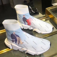Balenciaga Stretch Knit Sock Speed Print Boot Sneakers White/Light Blue 2019 (For Women and Men)