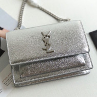 Saint Laurent Sunset Chain Wallet in Crystal-Grained Metallic Leather 452157 Silver 2019