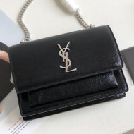 Saint Laurent Sunset Chain Wallet in Crystal-Grained Leather 452157 Black/Silver 2019