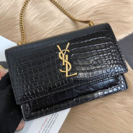 Saint Laurent Sunset Chain Wallet in Crocodile Embossed Leather 452157 Black/Gold 2019