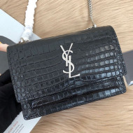Saint Laurent Sunset Chain Wallet in Crocodile Embossed Leather 452157 Black/Silver 2019