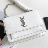 Saint Laurent Sunset Chain Wallet in Crocodile Embossed Leather 452157 White 2019